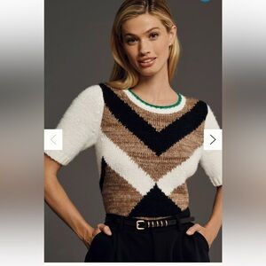 Anthropologie Maeve Chevron  Shrunken Short Sleeve Wool Blend Sweater Size XS